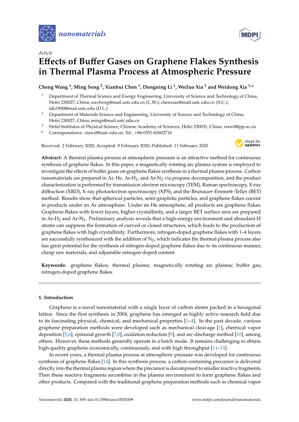 Effects of Buffer Gases on Graphene Flakes Synthesis in Thermal Plasma Process at Atmospheric Pressure