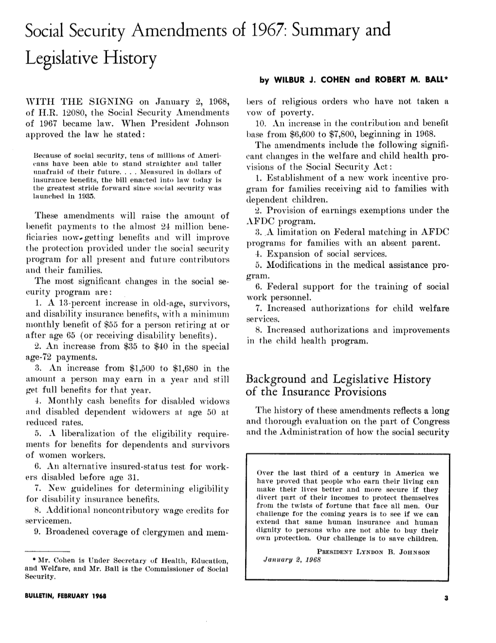 Social Security Amendments of 1967: Summary and Legislative History