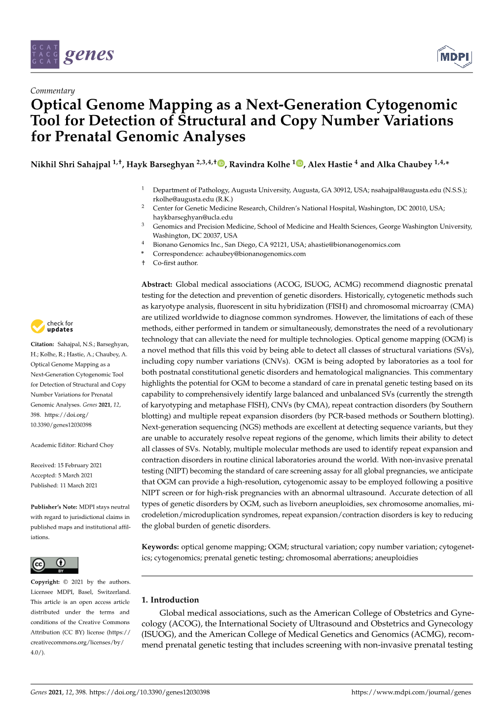 Optical Genome Mapping As a Next-Generation Cytogenomic Tool for Detection of Structural and Copy Number Variations for Prenatal Genomic Analyses