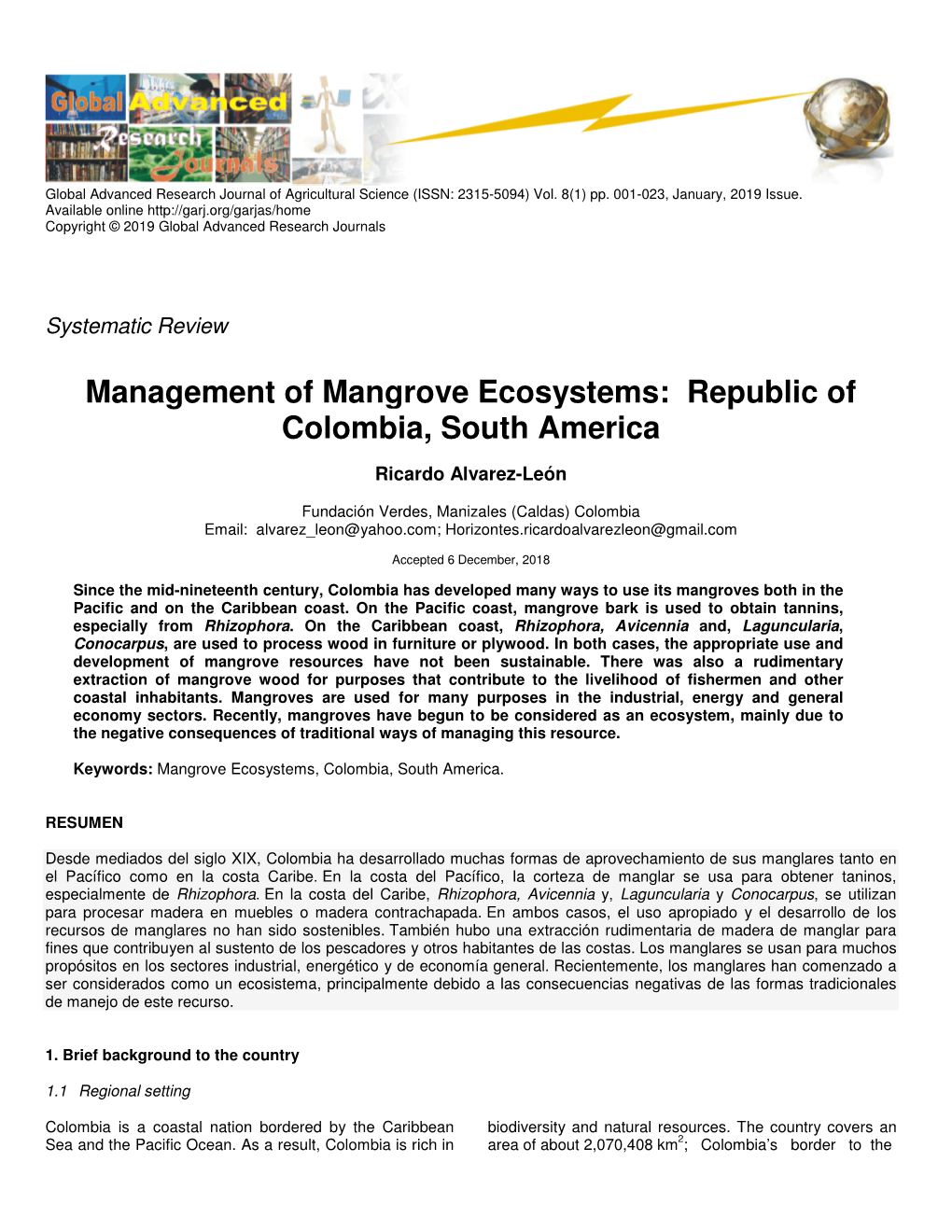 Management of Mangrove Ecosystems: Republic of Colombia, South America