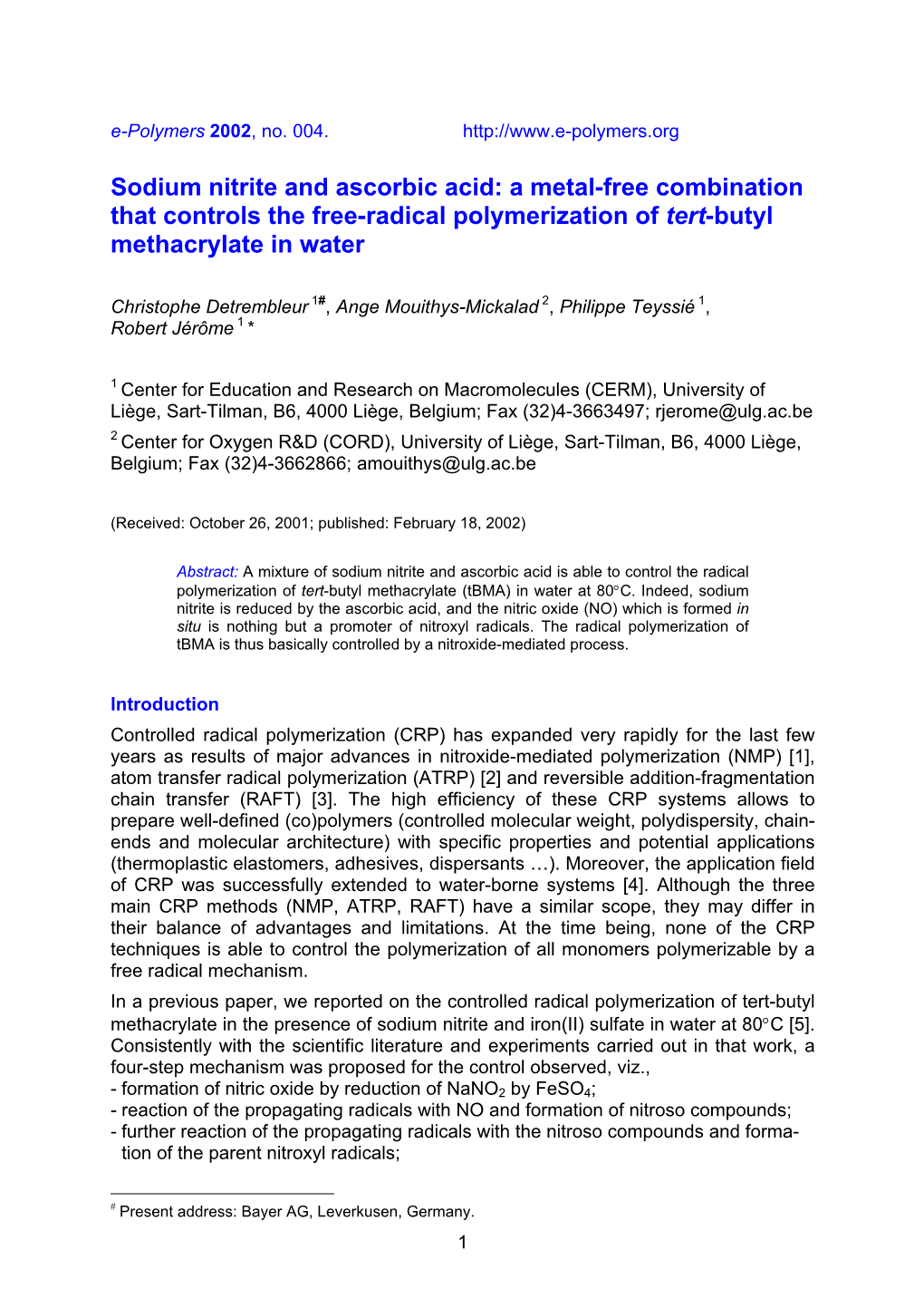 Sodium Nitrite and Ascorbic Acid: a Metal-Free Combination That Controls the Free-Radical Polymerization of Tert-Butyl Methacrylate in Water