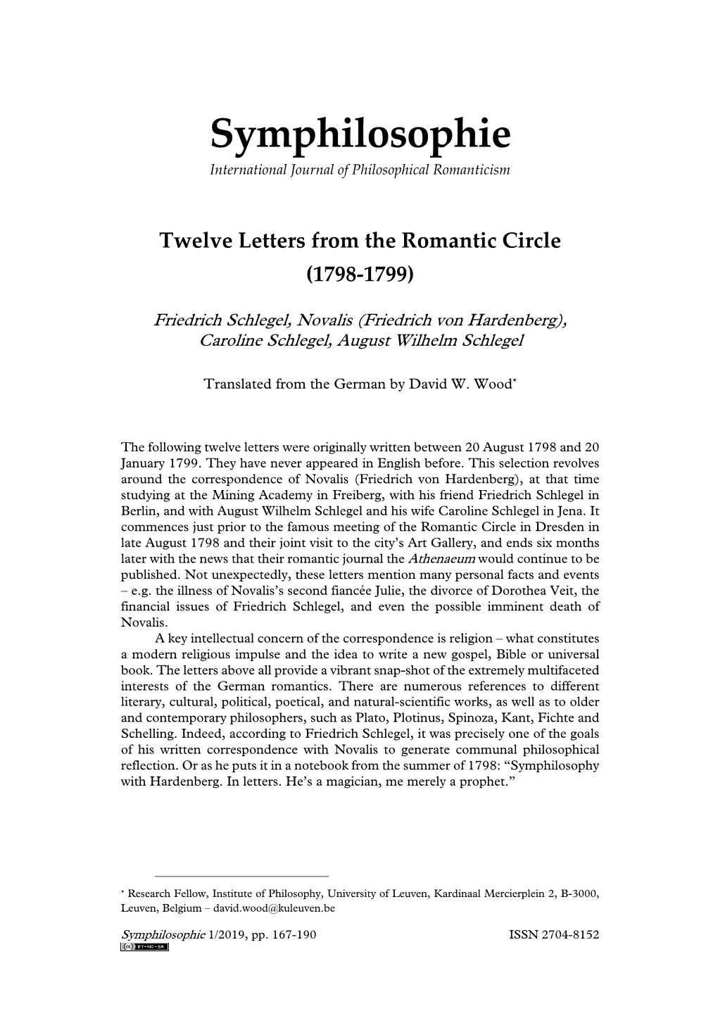 Twelve Letters from the Romantic Circle (1798-1799)