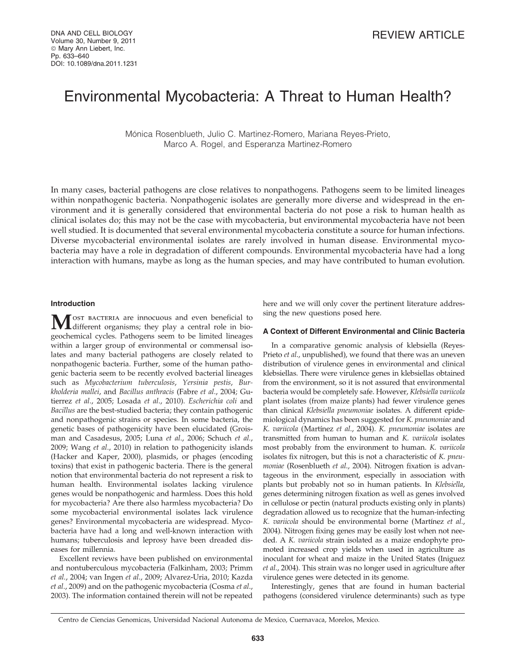 Environmental Mycobacteria: a Threat to Human Health?