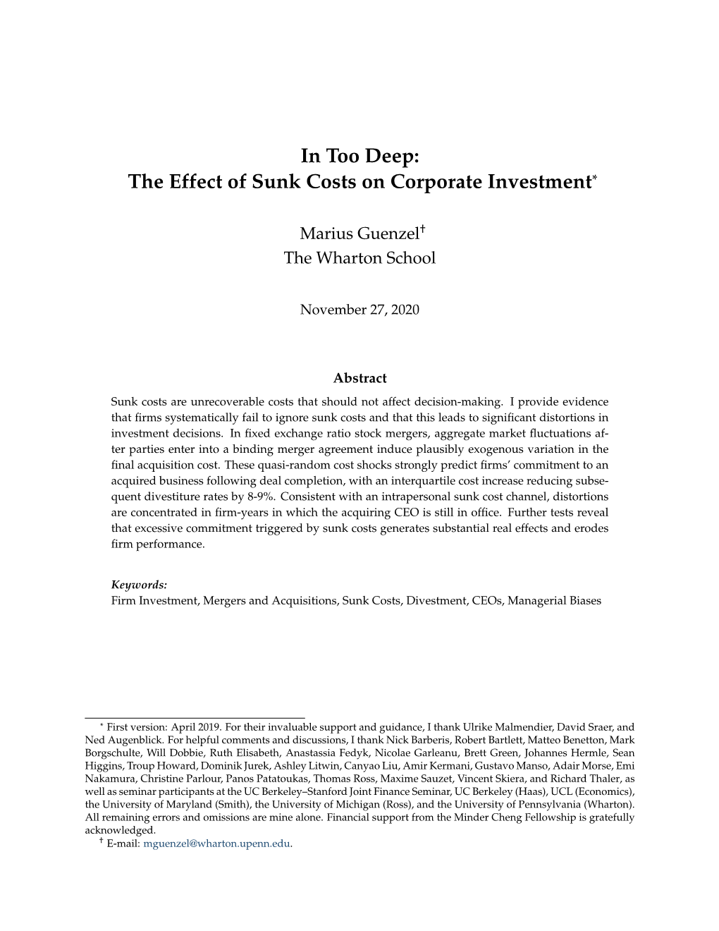 In Too Deep: the Effect of Sunk Costs on Corporate Investment*