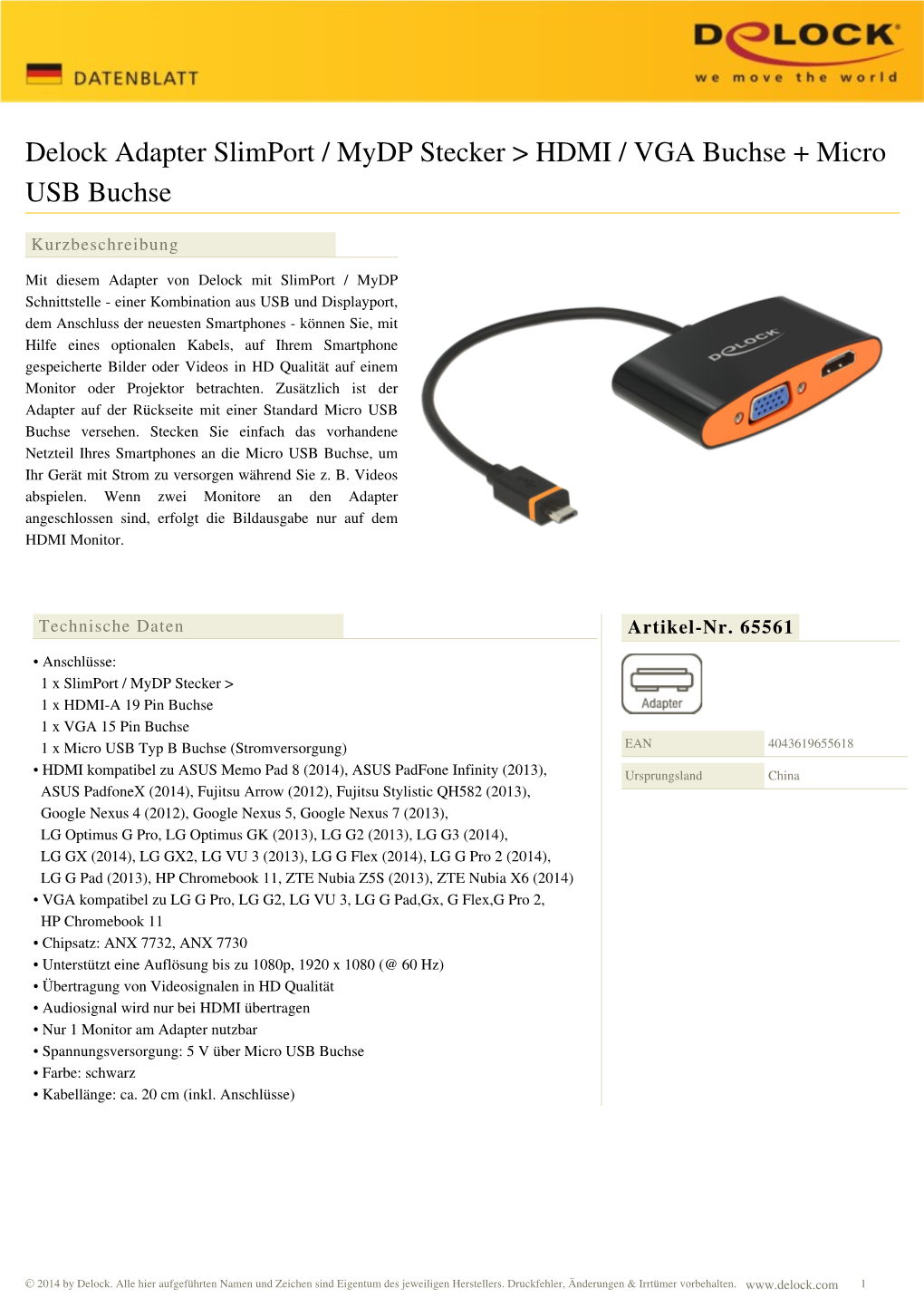Delock Adapter Slimport / Mydp Stecker &gt; HDMI / VGA Buchse +
