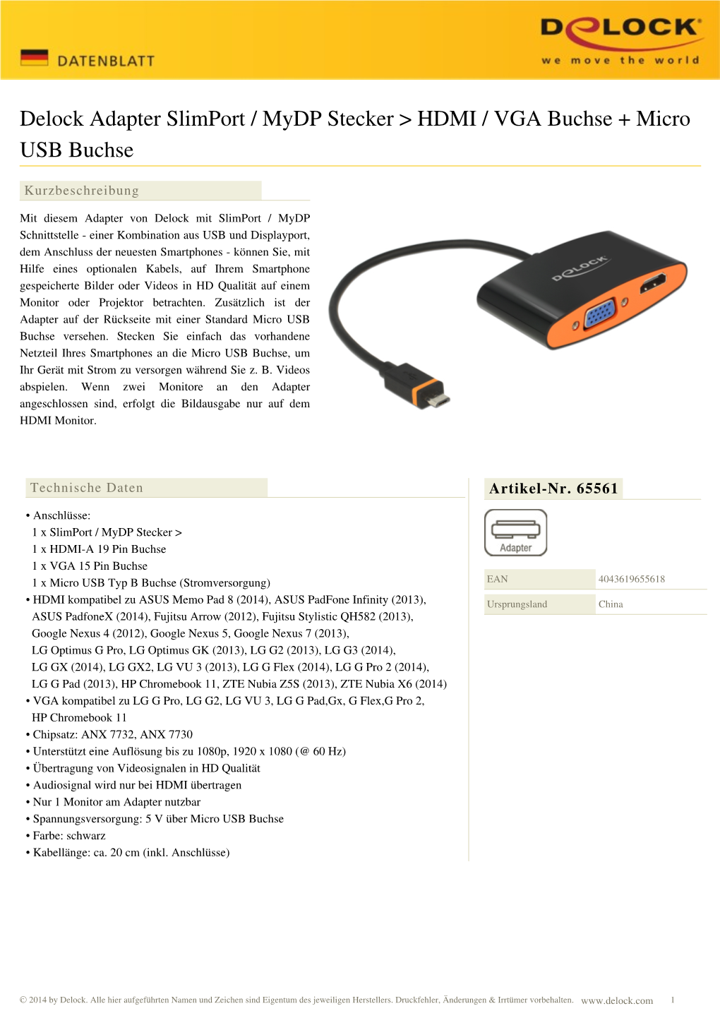 Delock Adapter Slimport / Mydp Stecker > HDMI / VGA Buchse +