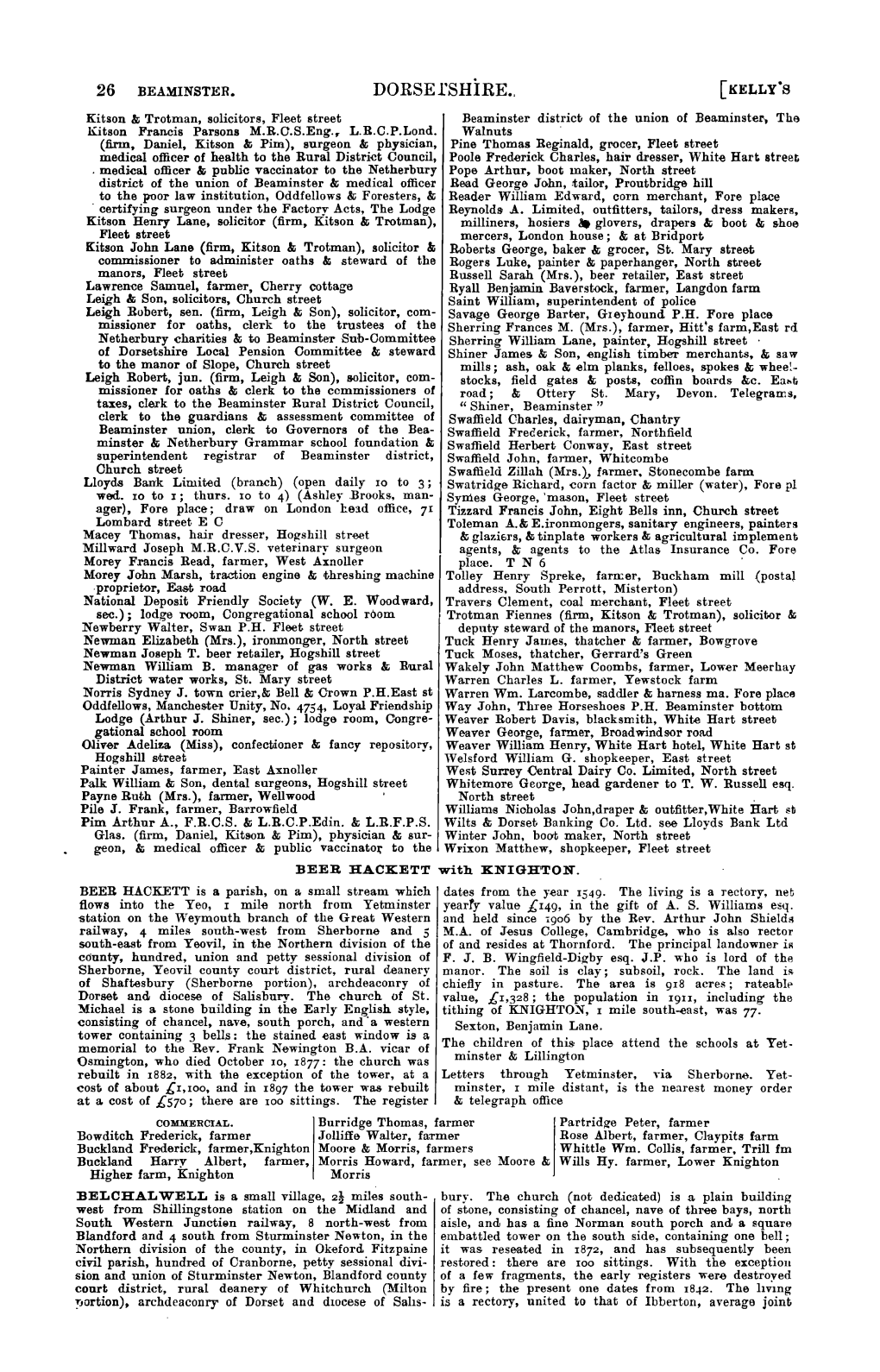 Dorsel'shire .. [KELLY•S Kitson & Trotman, Solicitors, Fleet Street Beaminster District of the Union of Beaminster., Tha Kitson Francis Parsons M.R.C.S.Eng