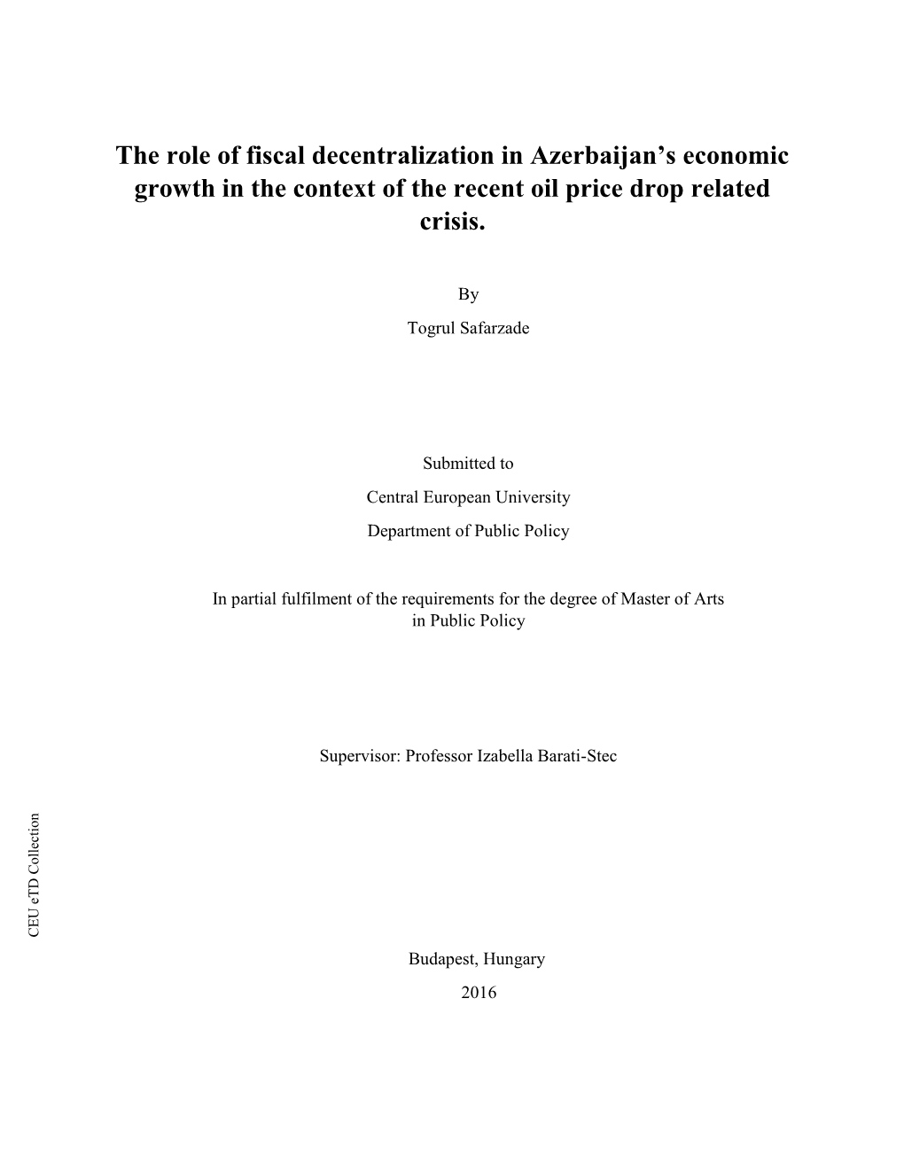 The Role of Fiscal Decentralization in Azerbaijan's Economic Growth In