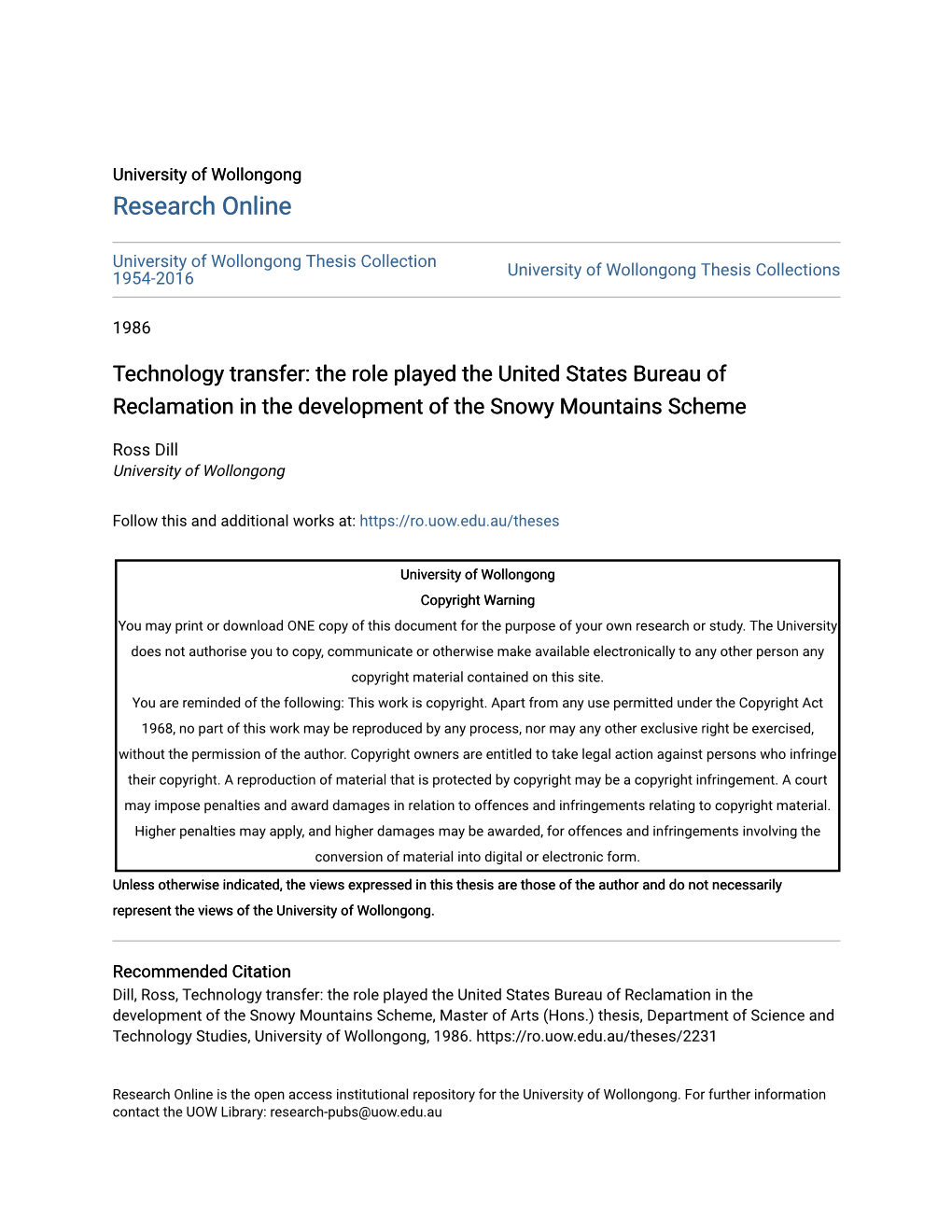 Technology Transfer: the Role Played the United States Bureau of Reclamation in the Development of the Snowy Mountains Scheme