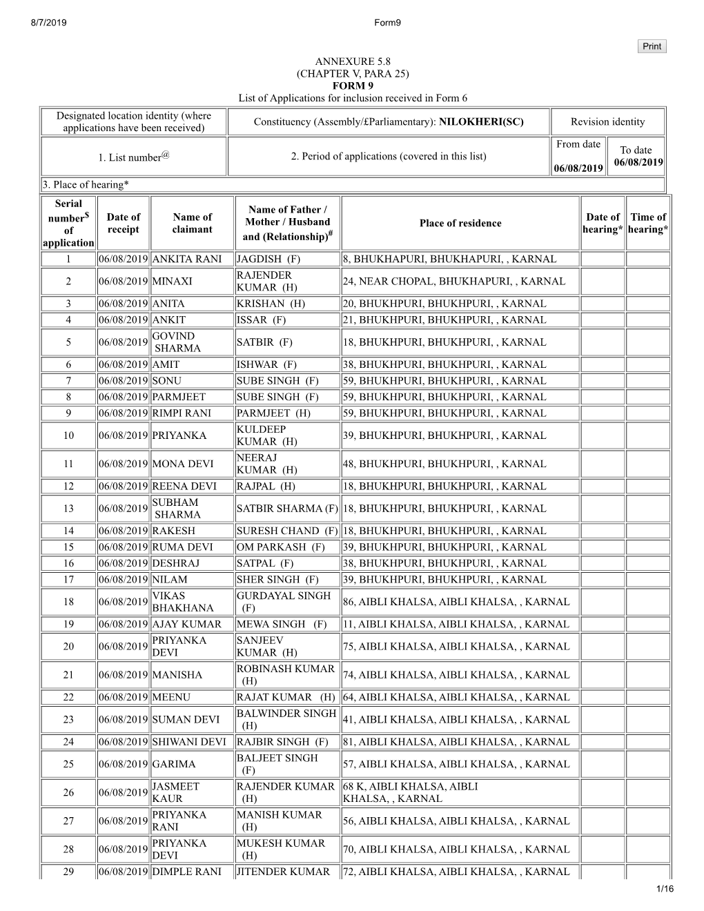 ANNEXURE 5.8 (CHAPTER V, PARA 25) FORM 9 List of Applications For