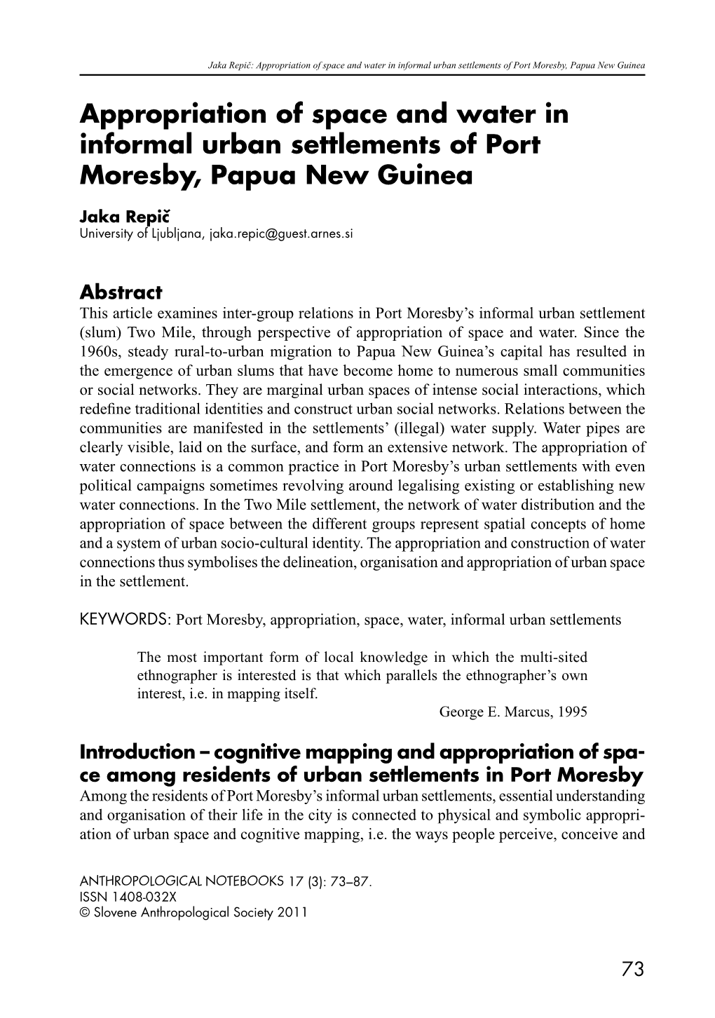 Appropriation of Space and Water in Informal Urban Settlements of Port Moresby, Papua New Guinea