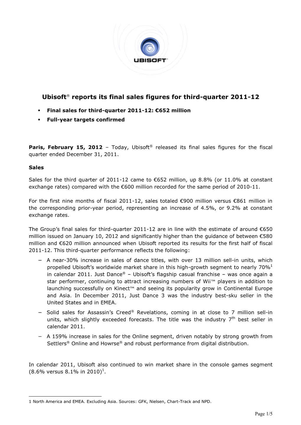 Ubisoft® Reports Its Final Sales Figures for Third-Quarter 2011-12