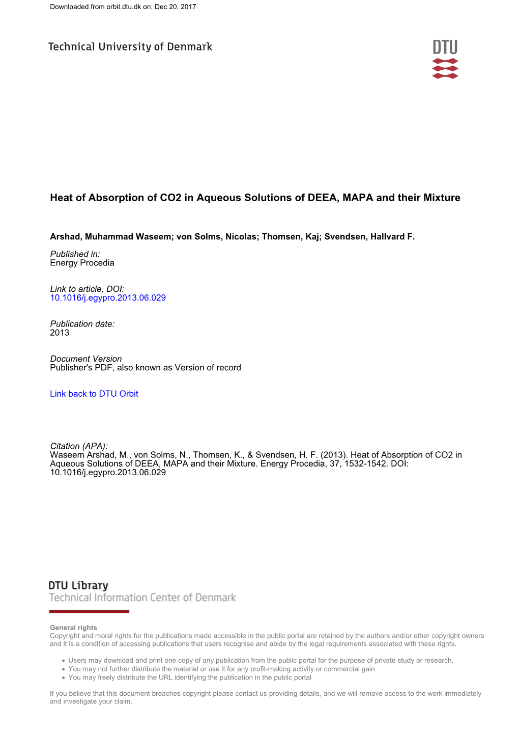 Heat of Absorption of CO2 in Aqueous Solutions of DEEA, MAPA and Their Mixture