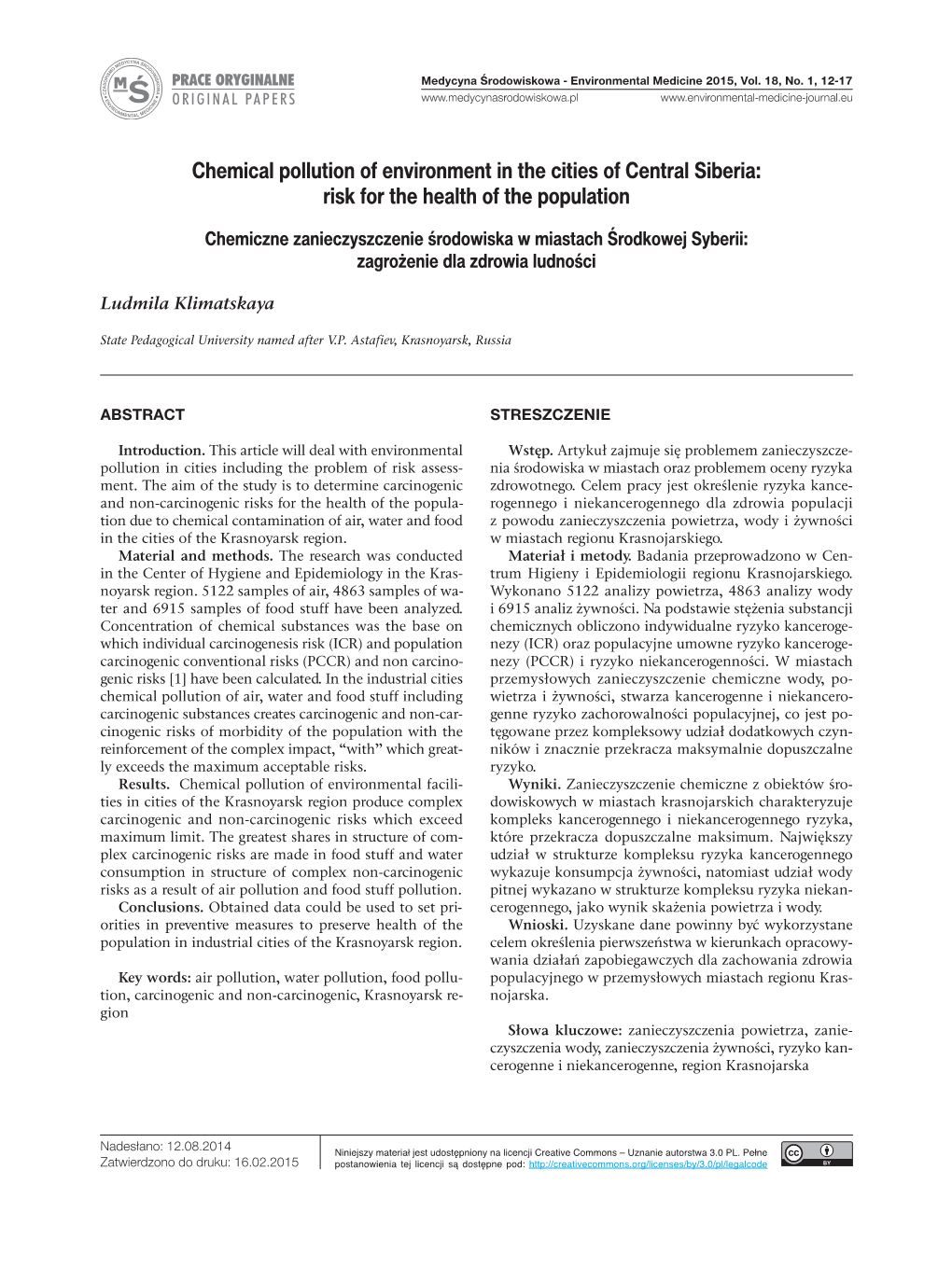 Chemical Pollution of Environment in the Cities of Central Siberia: Risk for the Health of the Population