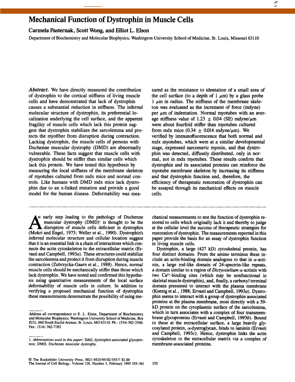 Mechanical Function of Dystrophin in Muscle Cells Carmela Pasternak, Scott Wong, and Elliot L