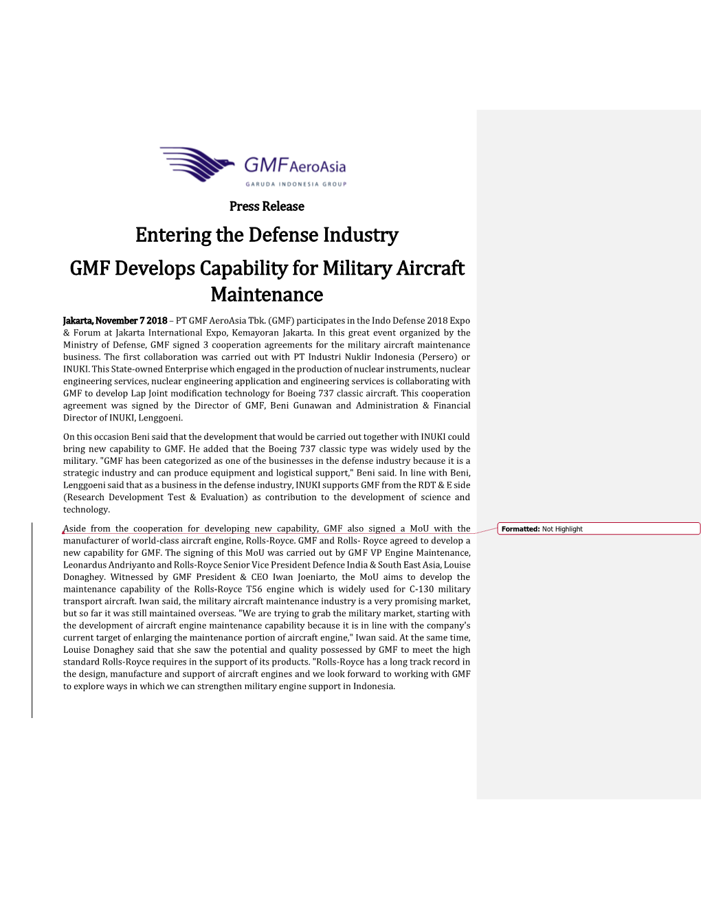 Entering the Defense Industry GMF Develops Capability for Military Aircraft Maintenance