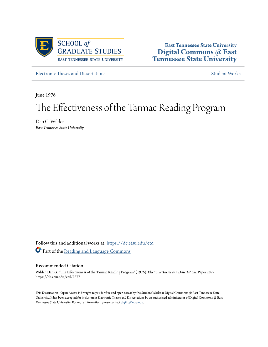 The Effectiveness of the Tarmac Reading Program" (1976)