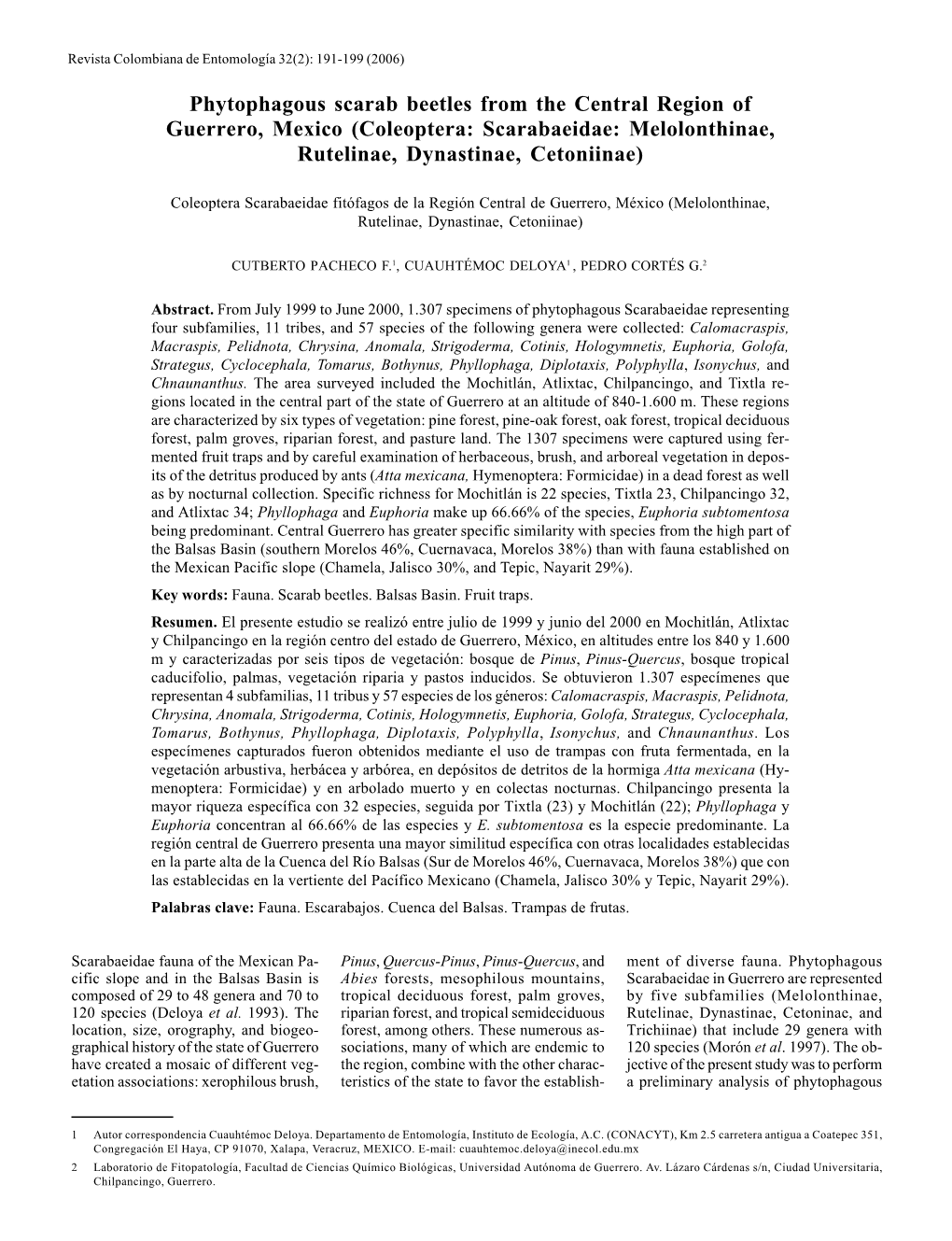 Phytophagous Scarab Beetles from the Central Region of Guerrero, Mexico (Coleoptera: Scarabaeidae: Melolonthinae, Rutelinae, Dynastinae, Cetoniinae)