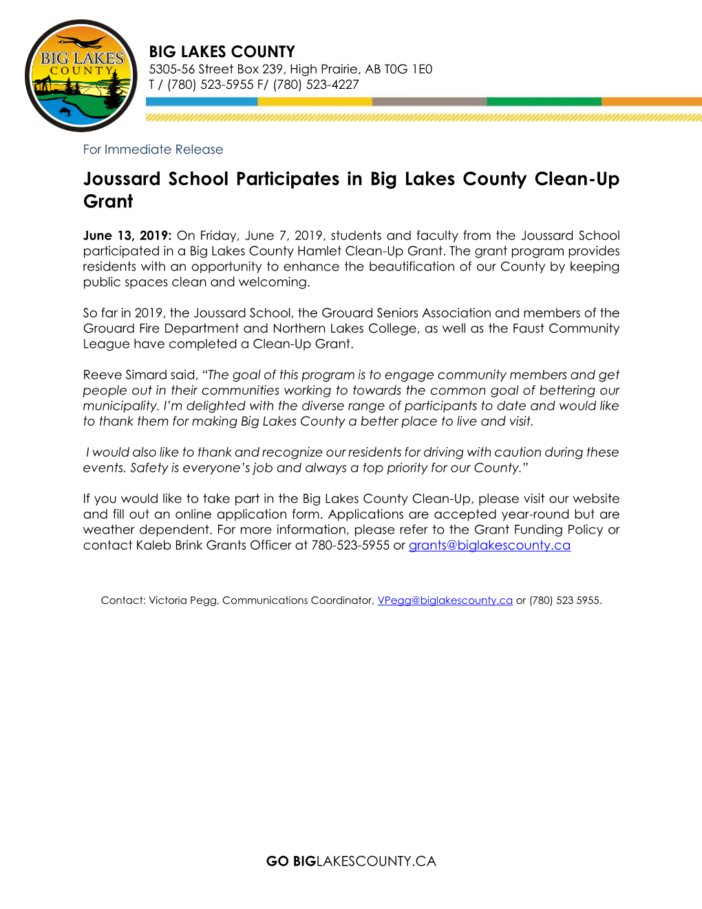 Joussard School Participates in Big Lakes County Clean-Up Grant