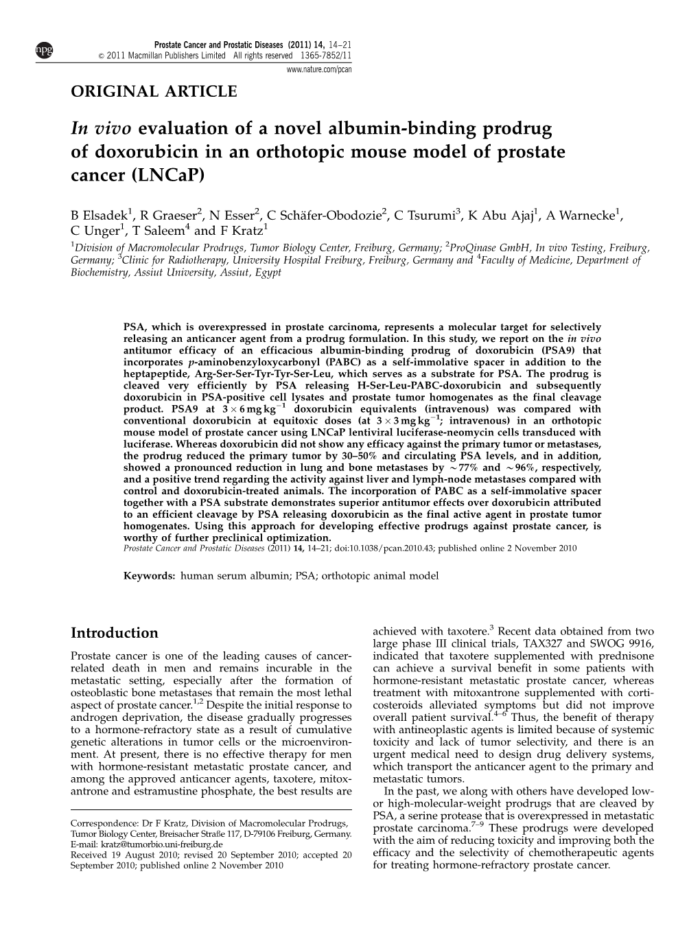 In Vivo Evaluation of a Novel Albumin-Binding Prodrug of Doxorubicin in an Orthotopic Mouse Model of Prostate Cancer (Lncap)