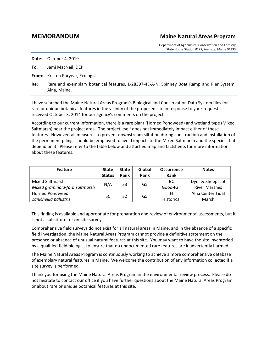 MEMORANDUM Maine Natural Areas Program Department of Agriculture, Conservation and Forestry State House Station #177, Augusta, Maine 04333