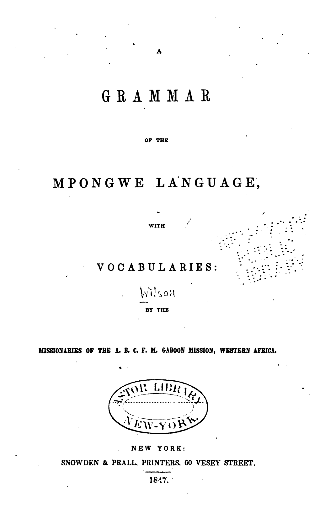 A Grammar of the Mpongwe Language