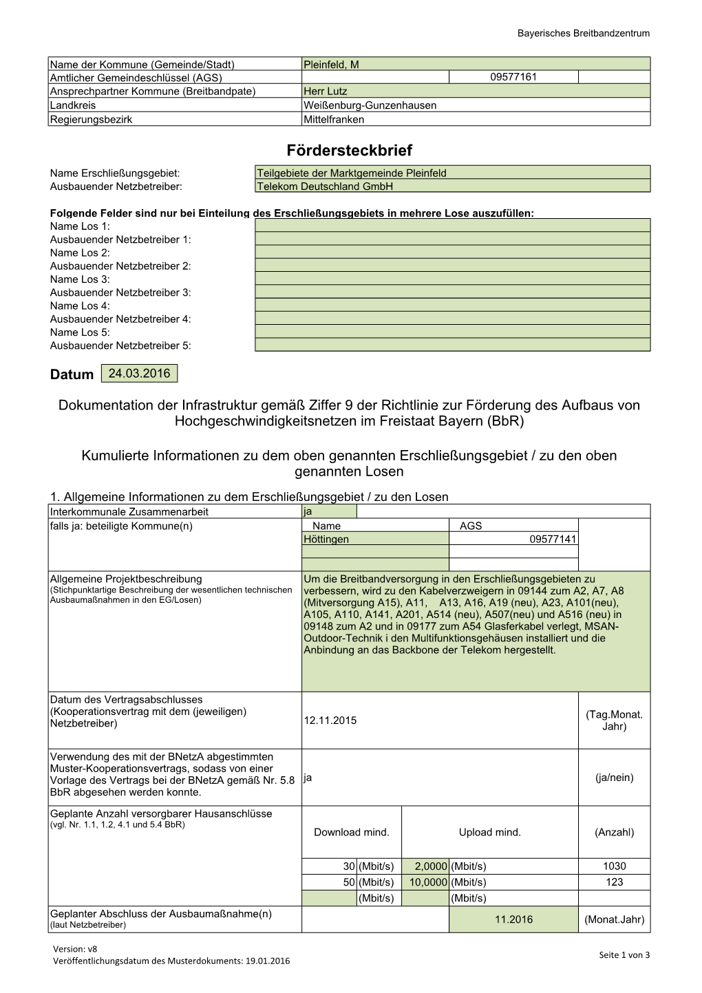 Fördersteckbrief Name Erschließungsgebiet: Teilgebiete Der Marktgemeinde Pleinfeld Ausbauender Netzbetreiber: Telekom Deutschland Gmbh