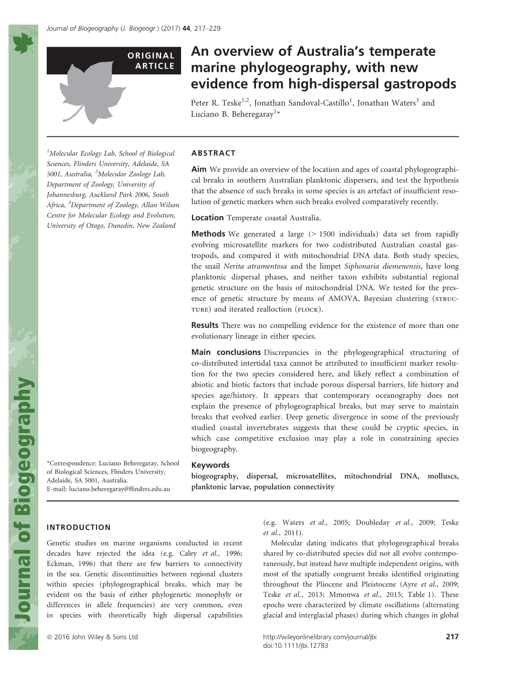 S Temperate Marine Phylogeography, with New Evidence from High&#X2010