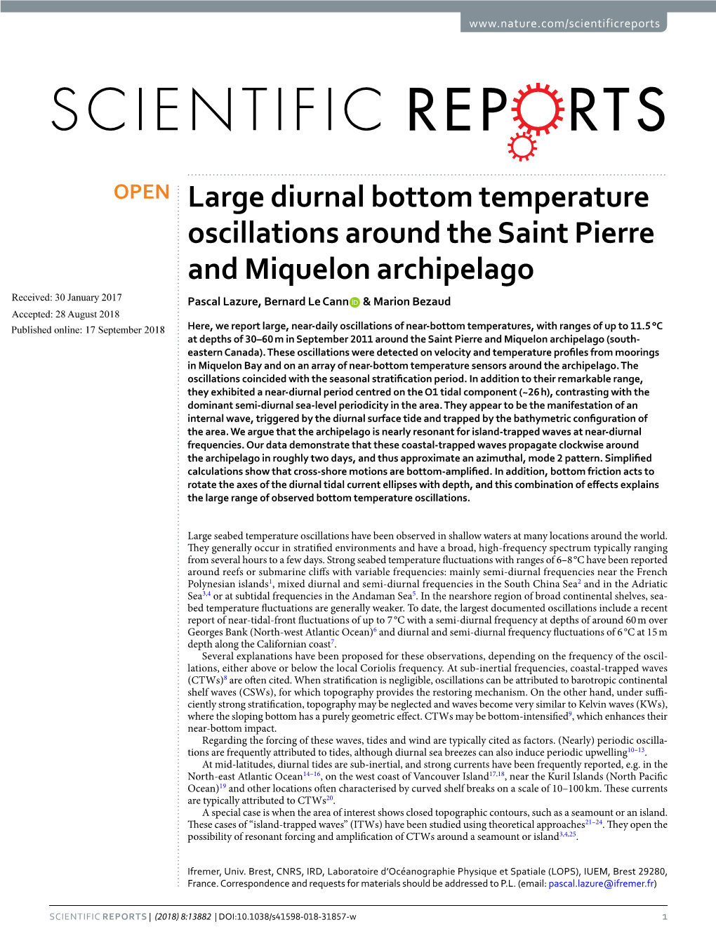 Large Diurnal Bottom Temperature Oscillations Around the Saint Pierre