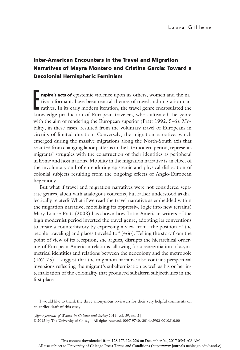 Inter-American Encounters in the Travel and Migration Narratives of Mayra Montero and Cristina Garcı´A: Toward a Decolonial Hemispheric Feminism