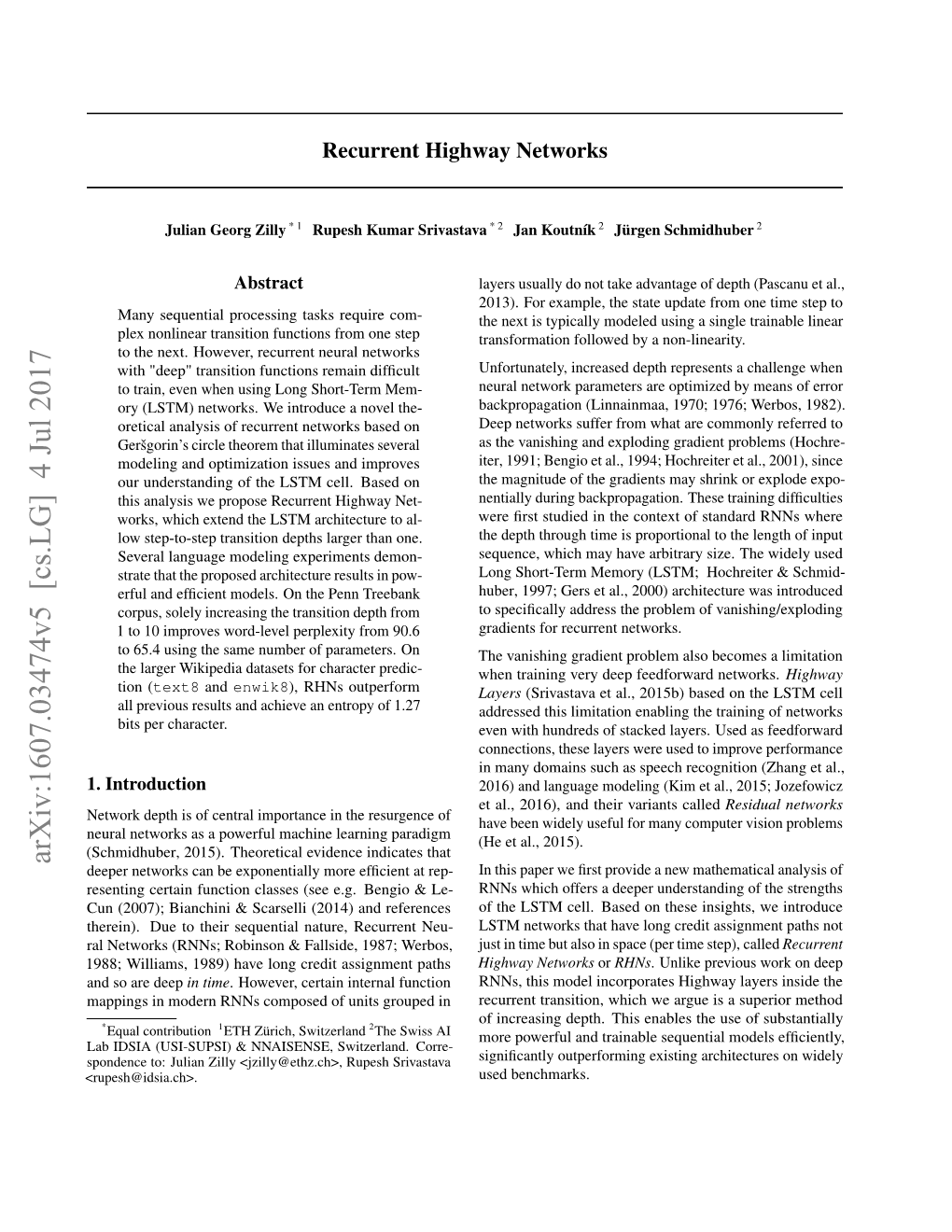 Recurrent Highway Networks