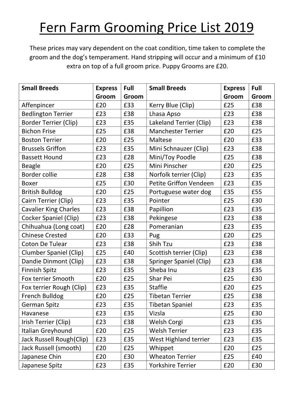 Fern Farm Grooming Price List 2019