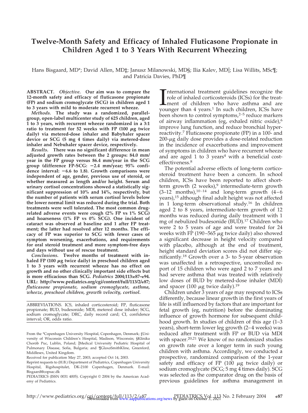 Twelve-Month Safety and Efficacy of Inhaled Fluticasone Propionate in Children Aged 1 to 3 Years with Recurrent Wheezing