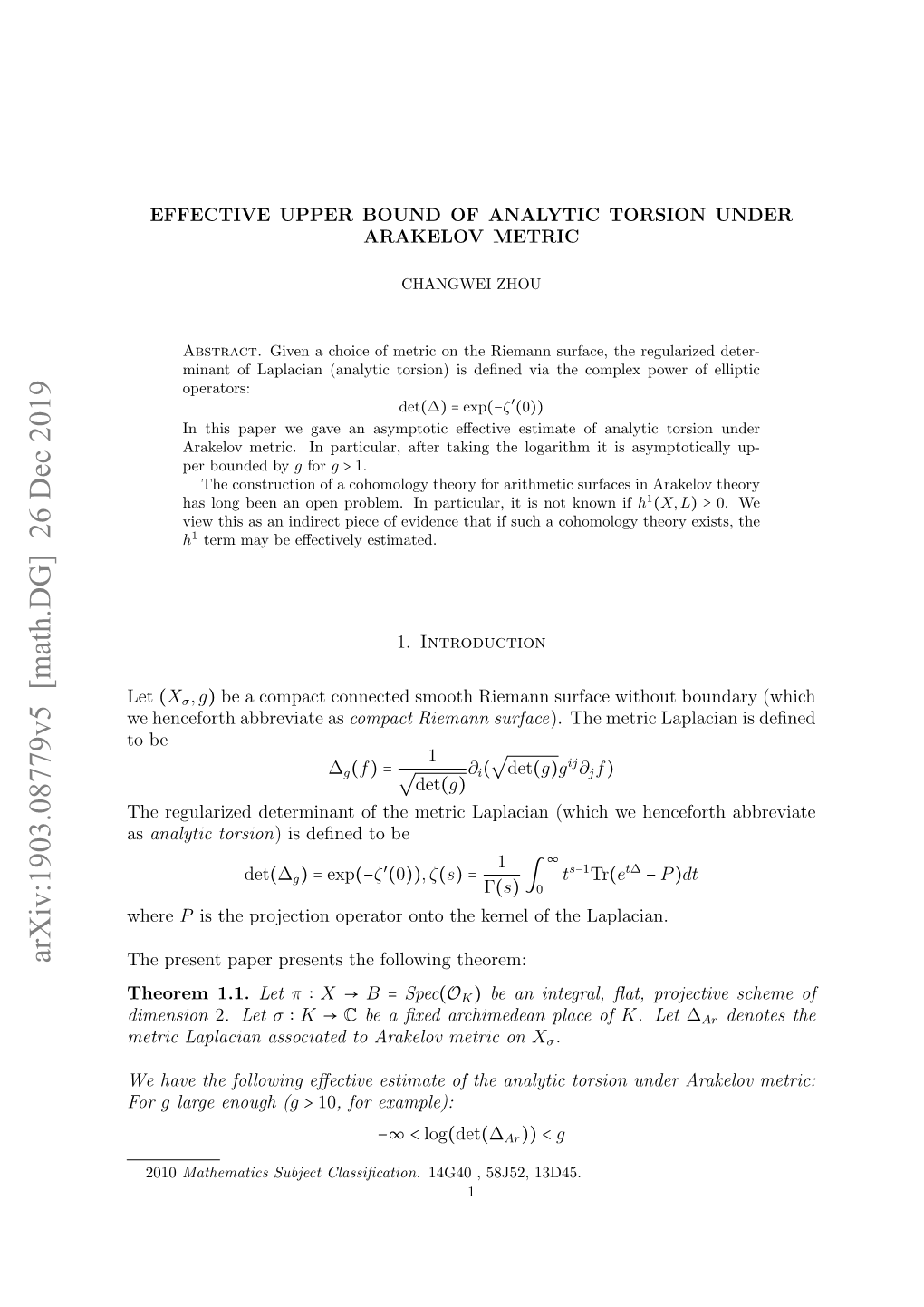 Effective Upper Bound of Analytic Torsion Under Arakelov Metric