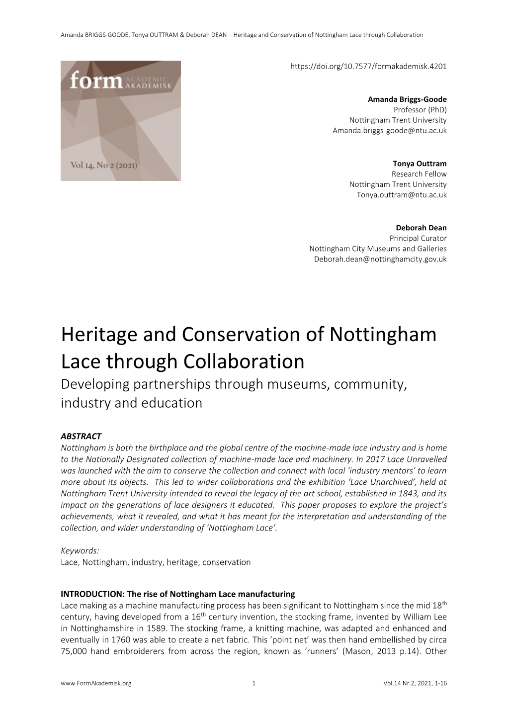 Heritage and Conservation of Nottingham Lace Through Collaboration