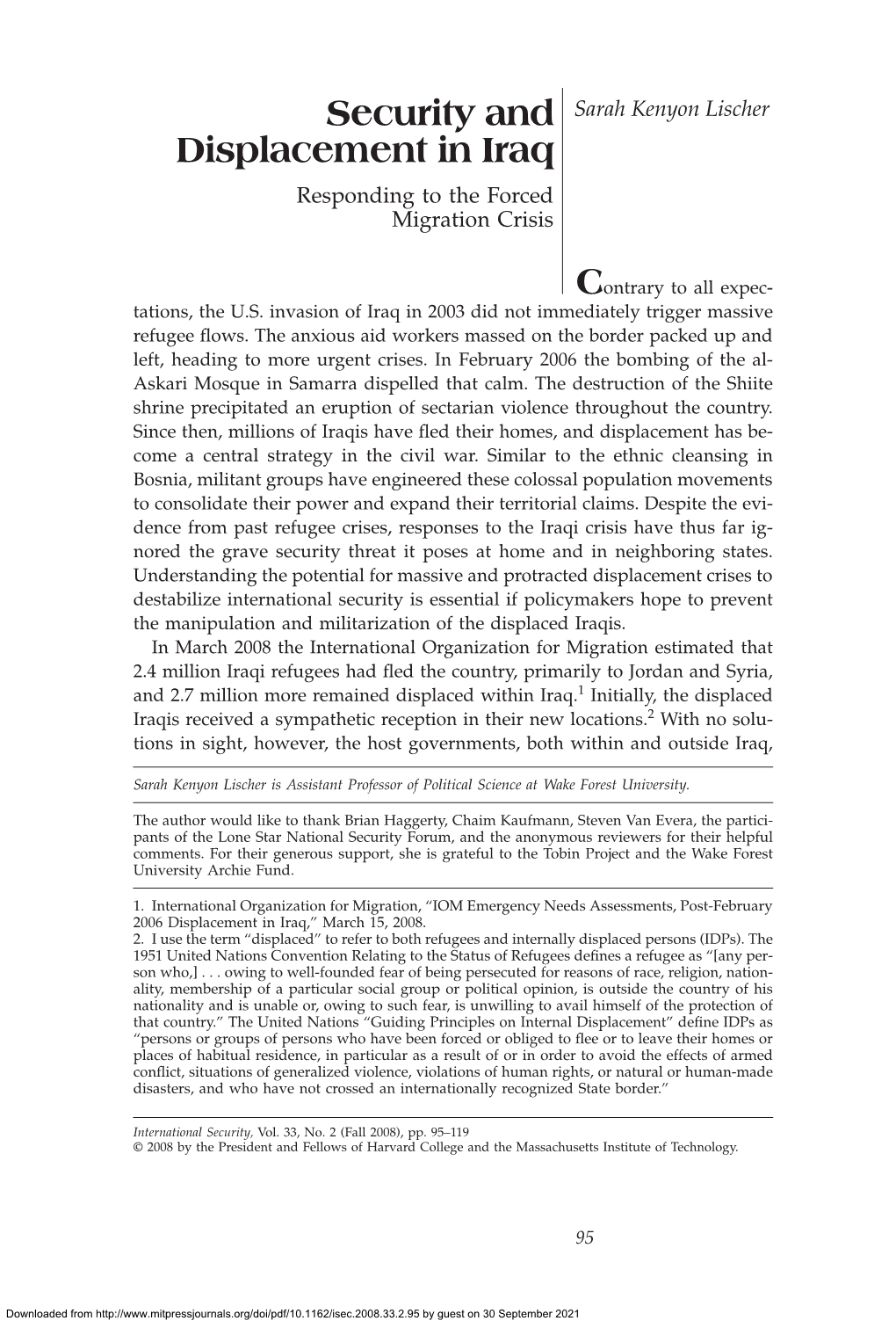 Security and Displacement in Iraq Security and Sarah Kenyon Lischer Displacement in Iraq Responding to the Forced Migration Crisis