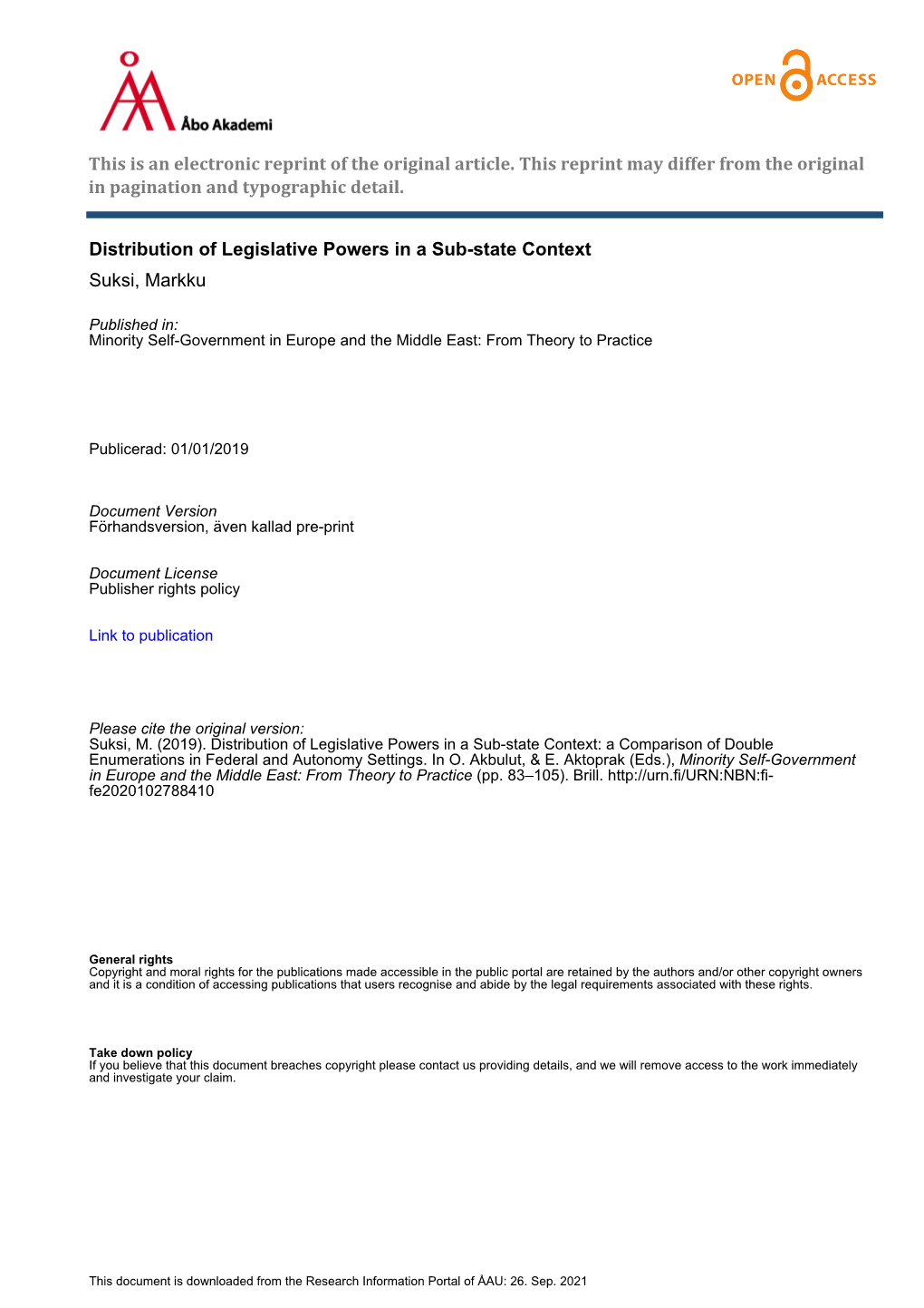 Distribution of Legislative Powers in a Sub-State Context Suksi, Markku