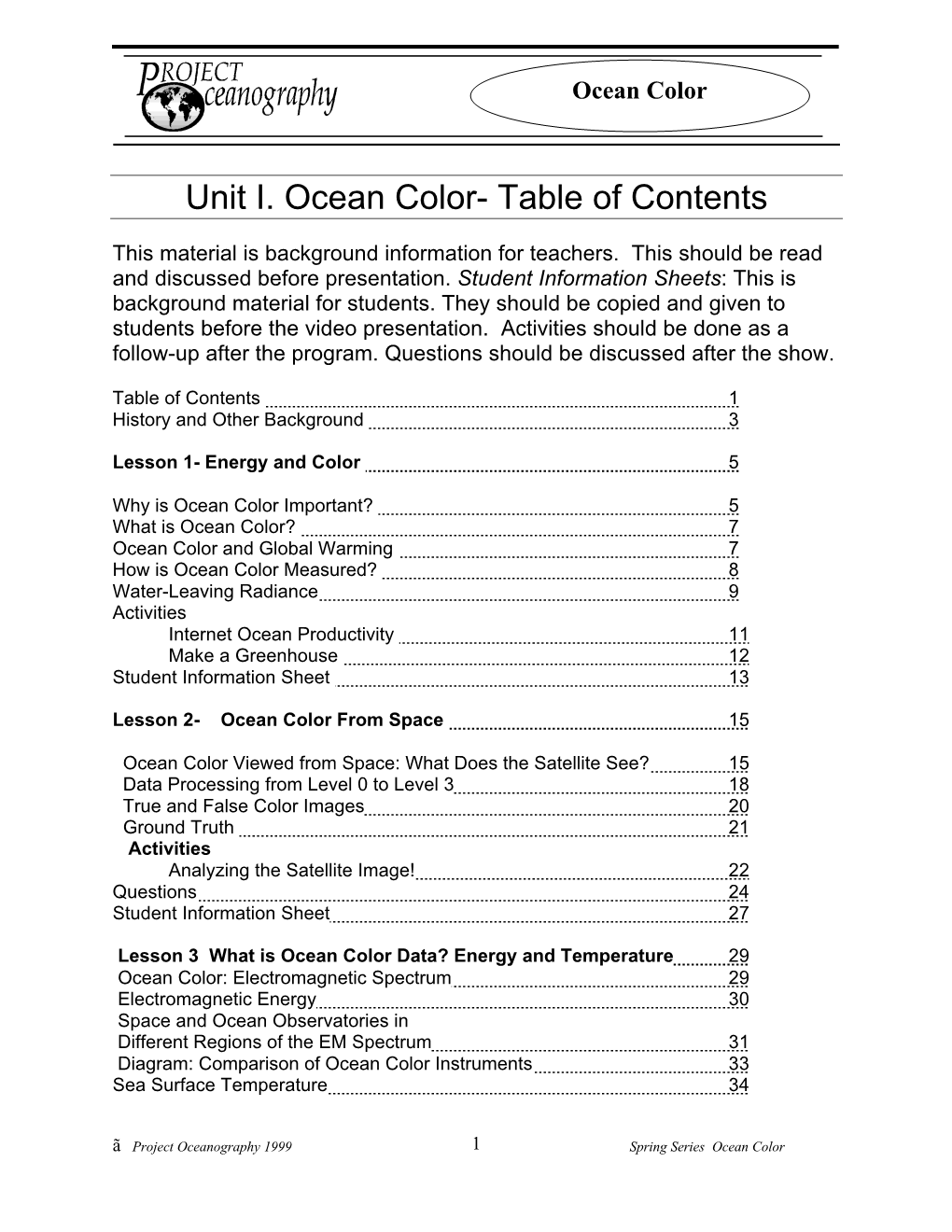 Unit I: Ocean Color