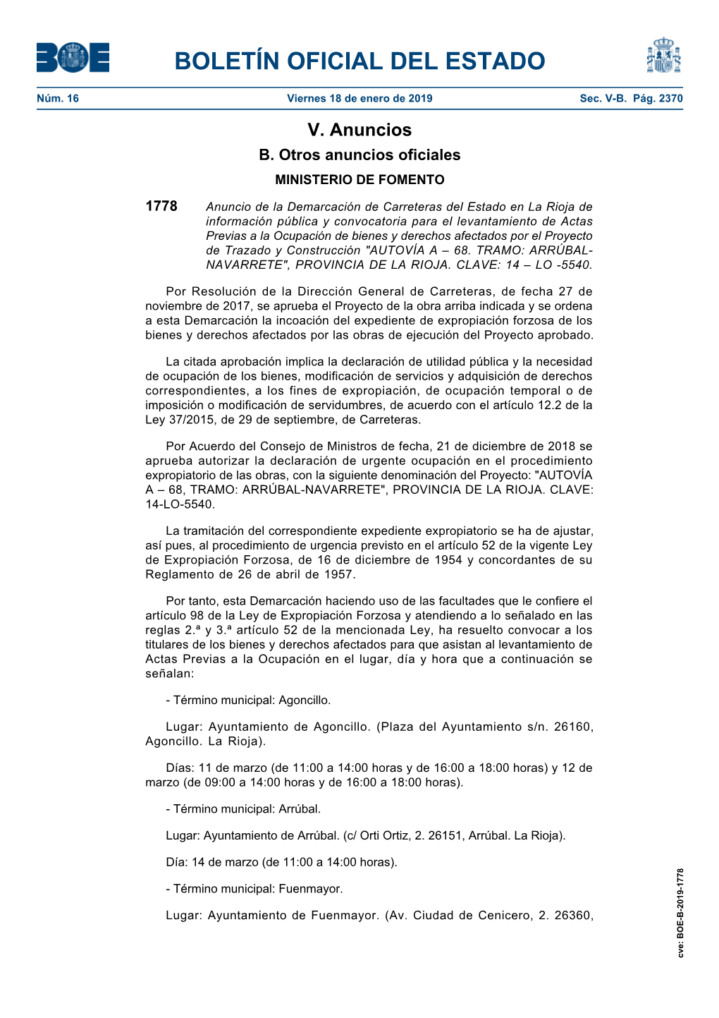 Anuncio 1778 Del BOE Núm. 16 De 2019