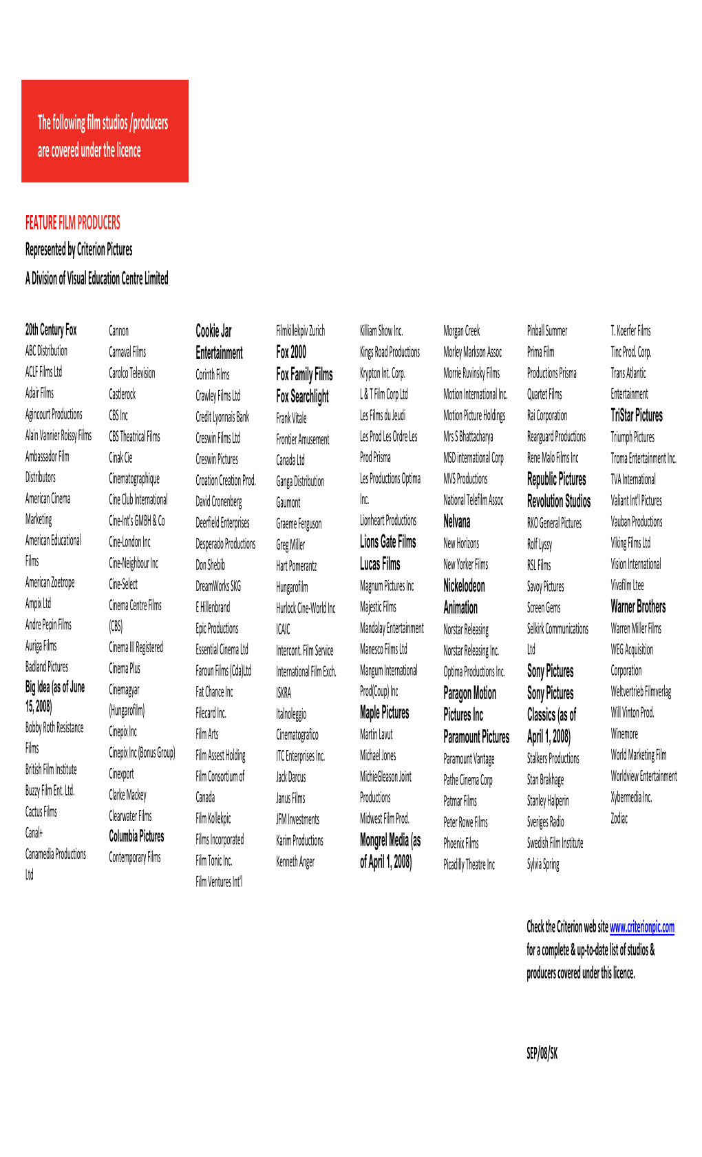 The Following Film Studios /Producers Are Covered Under the Licence