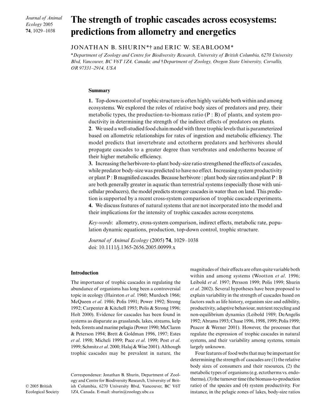 The Strength of Trophic Cascades Across Ecosystems: 74, 1029–1038 Predictions from Allometry and Energetics