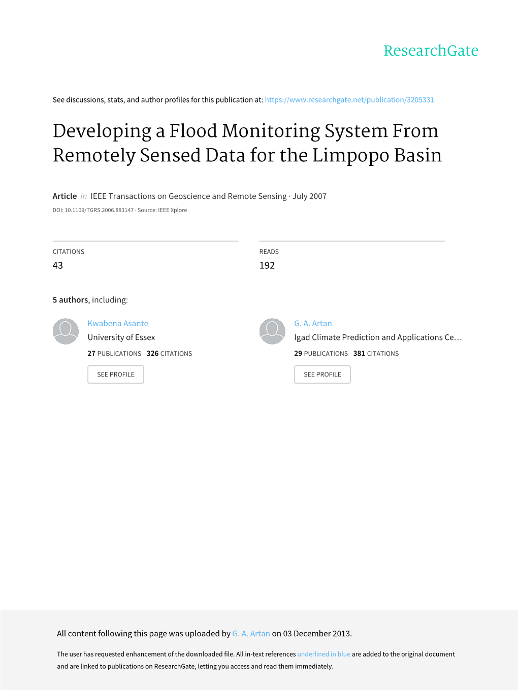 Developing a Flood Monitoring System from Remotely Sensed Data for the Limpopo Basin
