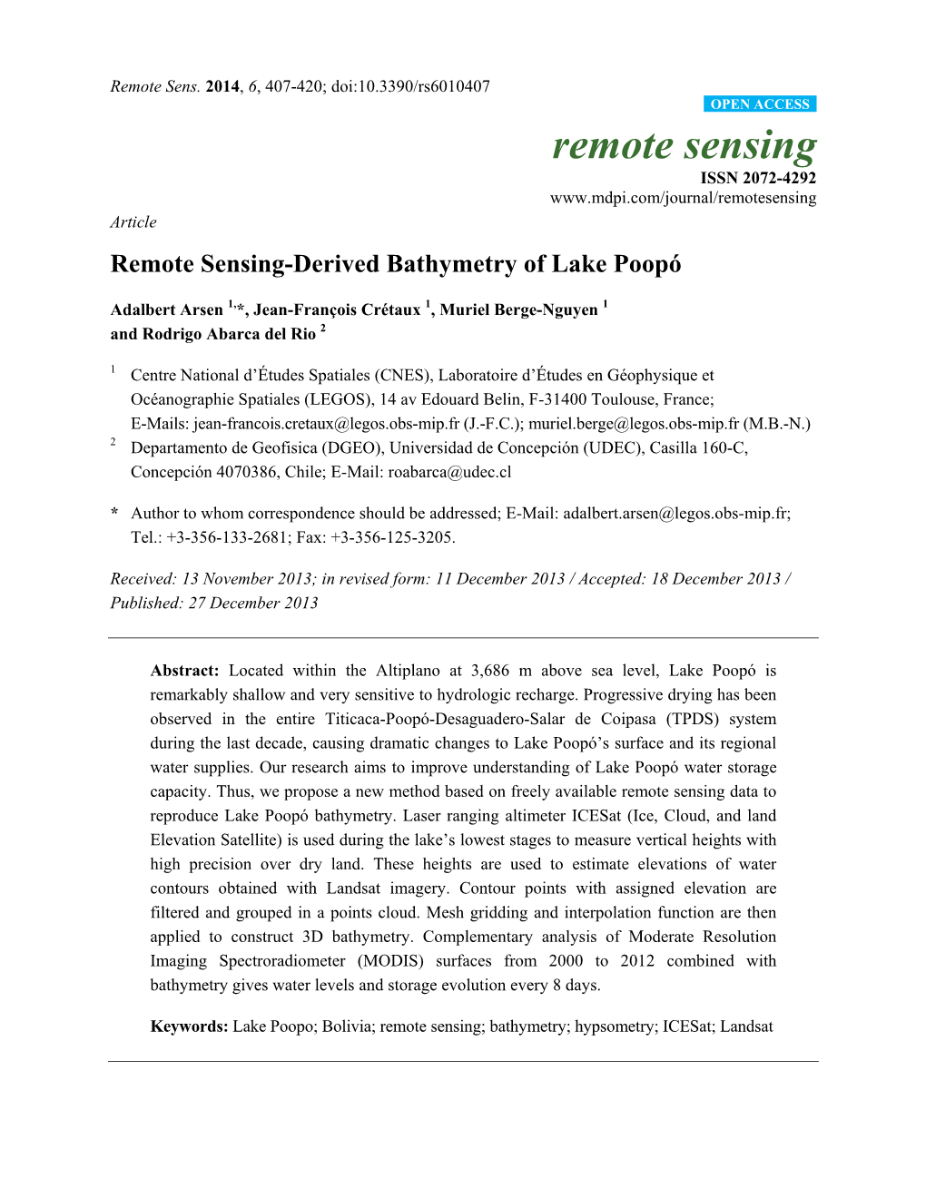 Remote Sensing-Derived Bathymetry of Lake Poopó