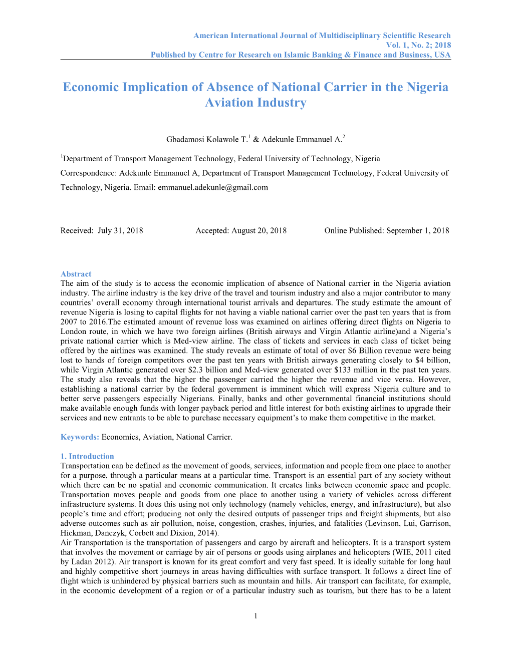 Economic Implication of Absence of National Carrier in the Nigeria Aviation Industry