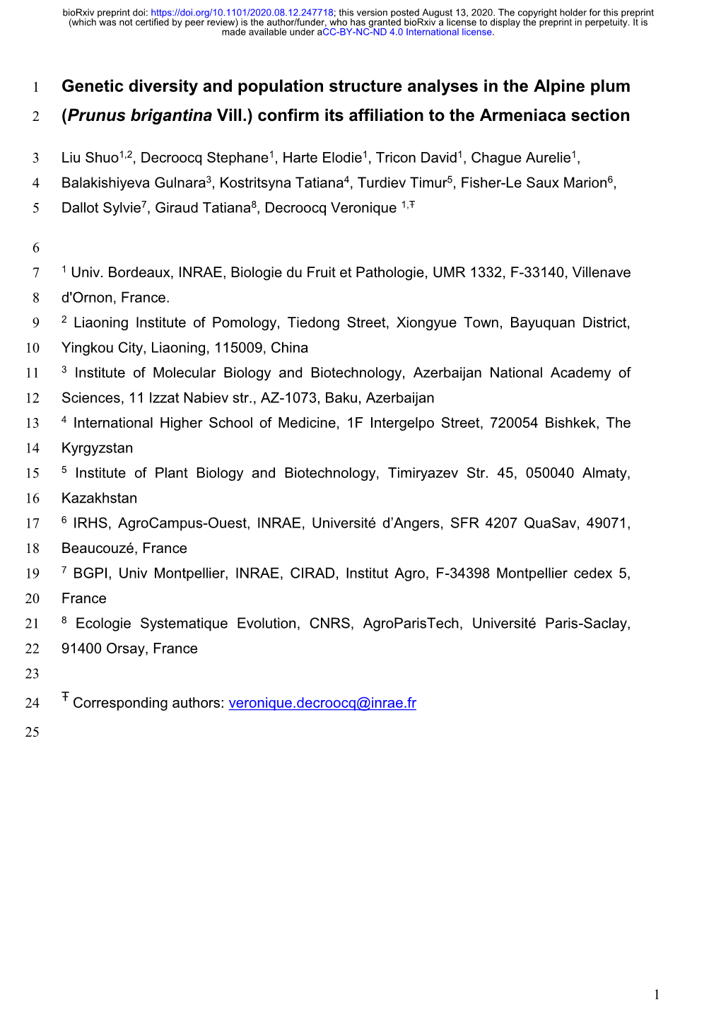 Genetic Diversity and Population Structure Analyses in the Alpine Plum 2 (Prunus Brigantina Vill.) Confirm Its Affiliation to the Armeniaca Section