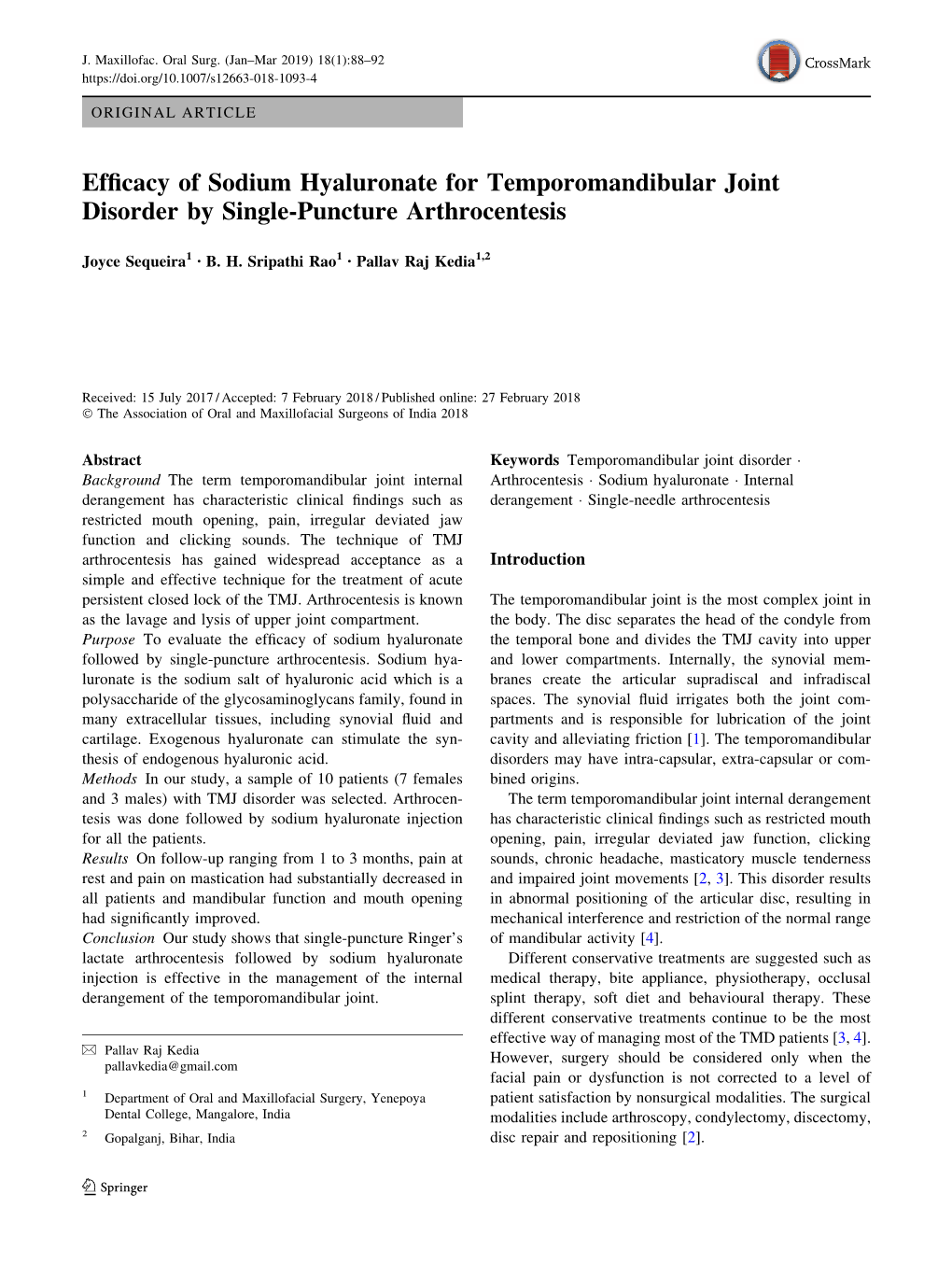 Efficacy of Sodium Hyaluronate for Temporomandibular Joint Disorder