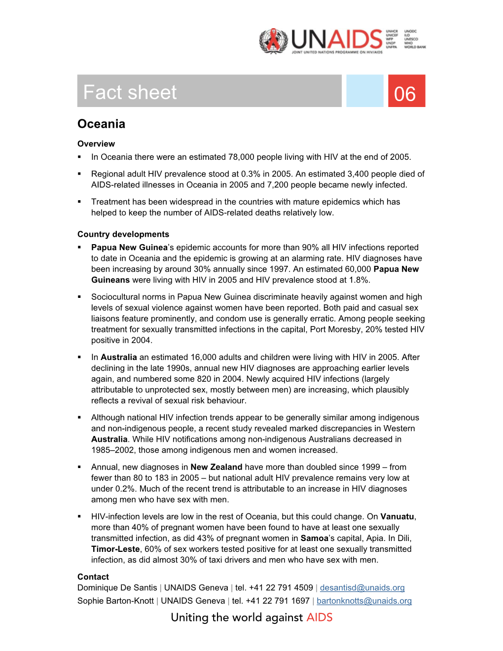 UNAIDS Fact Sheet: Oceania