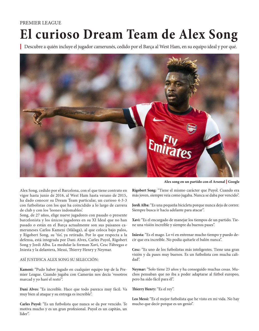 El Curioso Dream Team De Alex Song | Descubre a Quién Incluye El Jugador Camerunés, Cedido Por El Barça Al West Ham, En Su Equipo Ideal Y Por Qué