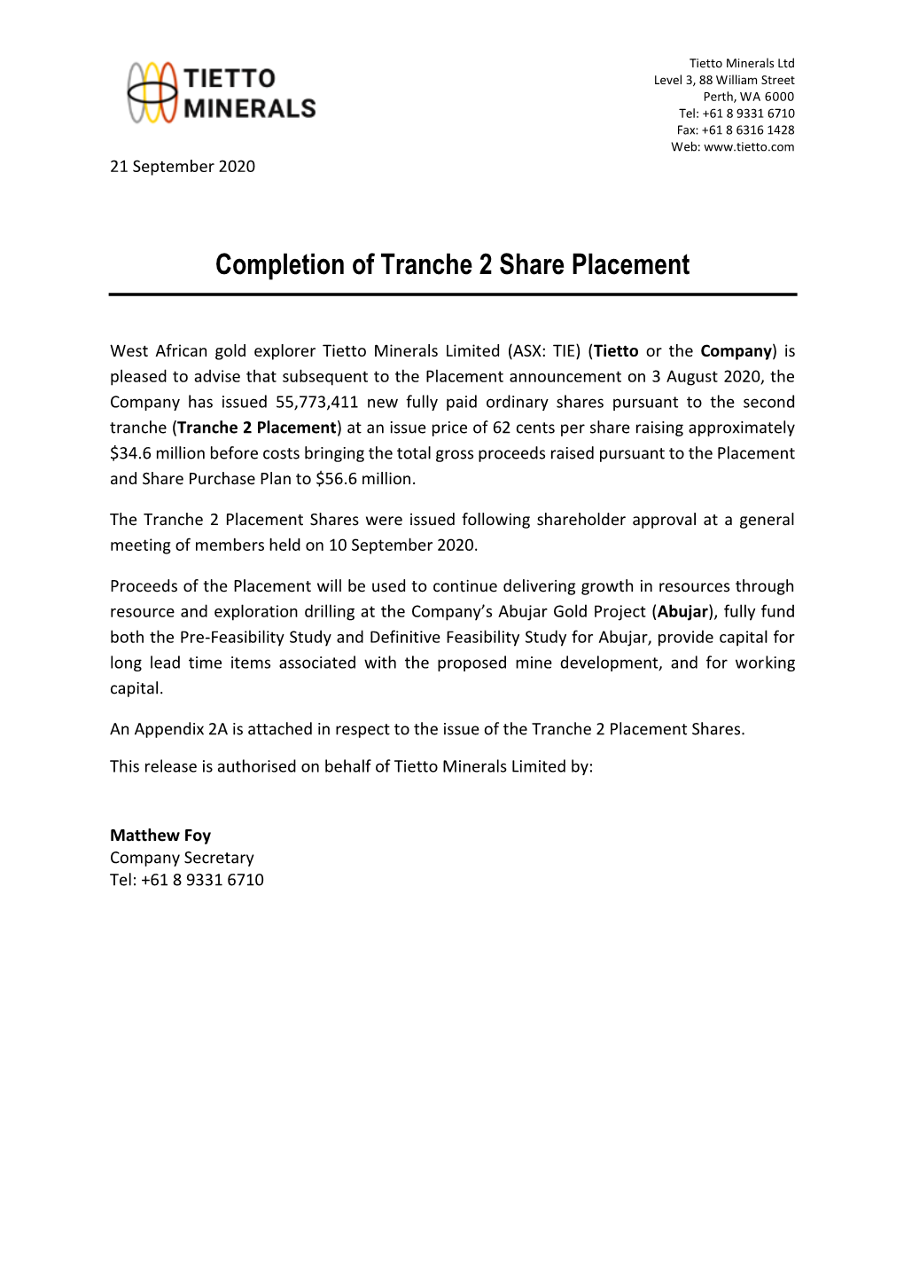 Completion of Tranche 2 Share Placement
