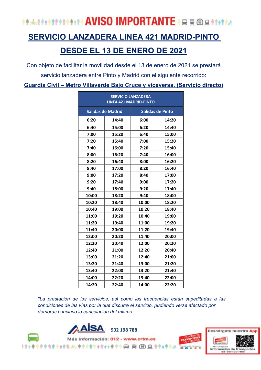 Servicio Lanzadera Linea 421 Madrid-Pinto Desde El 13 De Enero De 2021